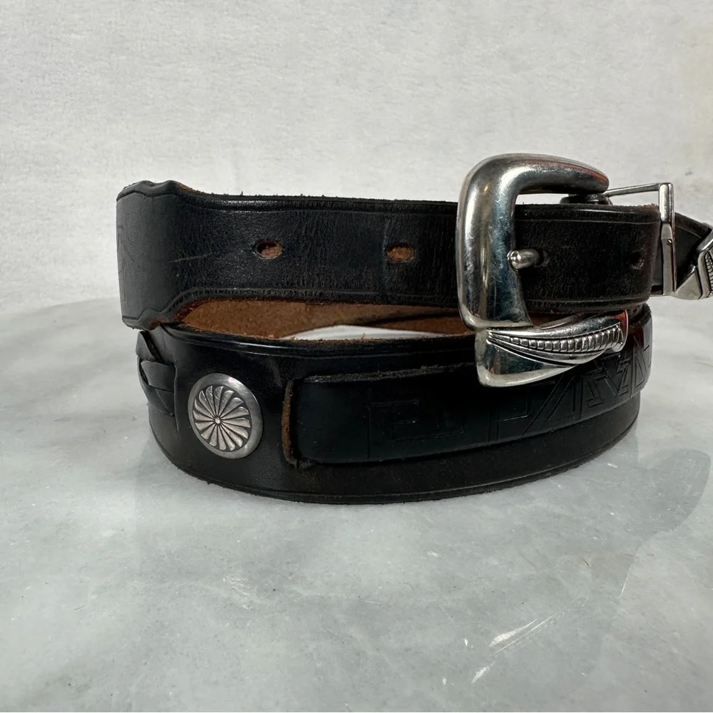 Black Leather Belt western Silver Buckle concho southwestern cowboy cowgirl boho